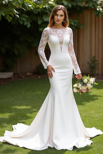 Satin Mermaid Bateau Court Train Ivory Wedding Dress with Lace